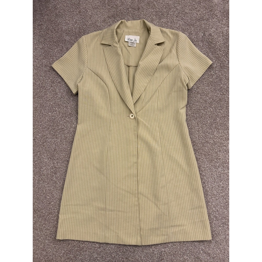 90s Lisa Jo Blazer Dress Womens 7/8 Khaki Excellent Pinstripe Short Sleeve Vtg